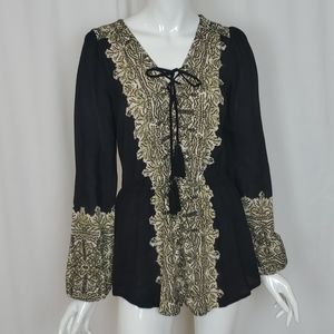 Free People Black Green Print Peasant Top Blouse